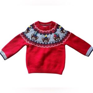 NWT. Mini Boden Rockabilly Red Bears Holiday Fair Isle Sweater, Size 3-6M